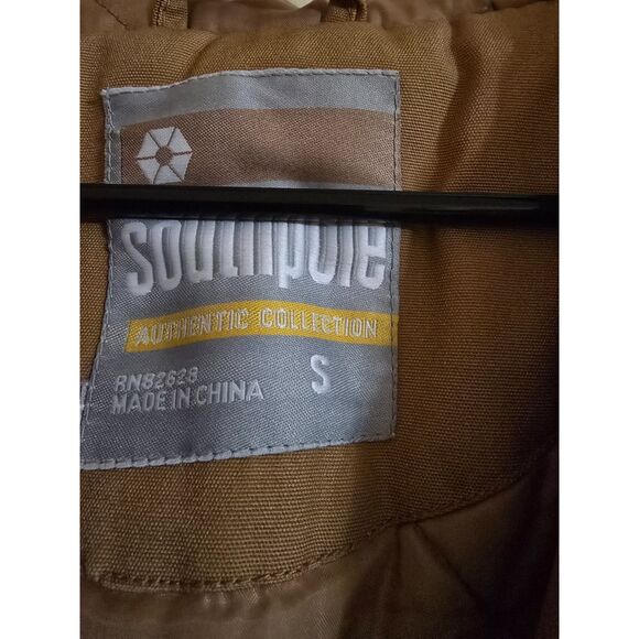 Southpole Thick Coat Adj Hood Lined Elbows Pockets SZ S Khaki Brown Zip & Button - Picture 3 of 14